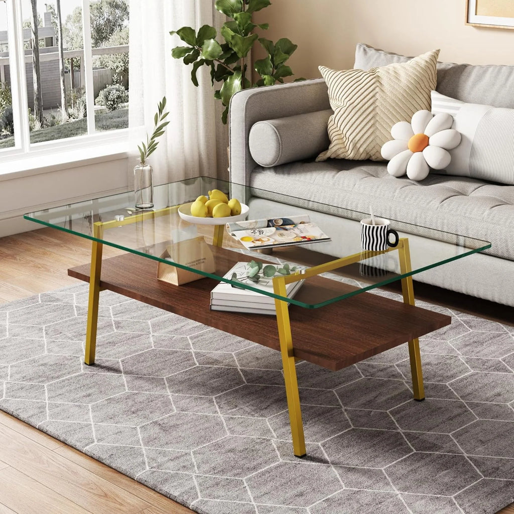 Black Frame Transparent Glass Brown Wood Coffee Table U416718