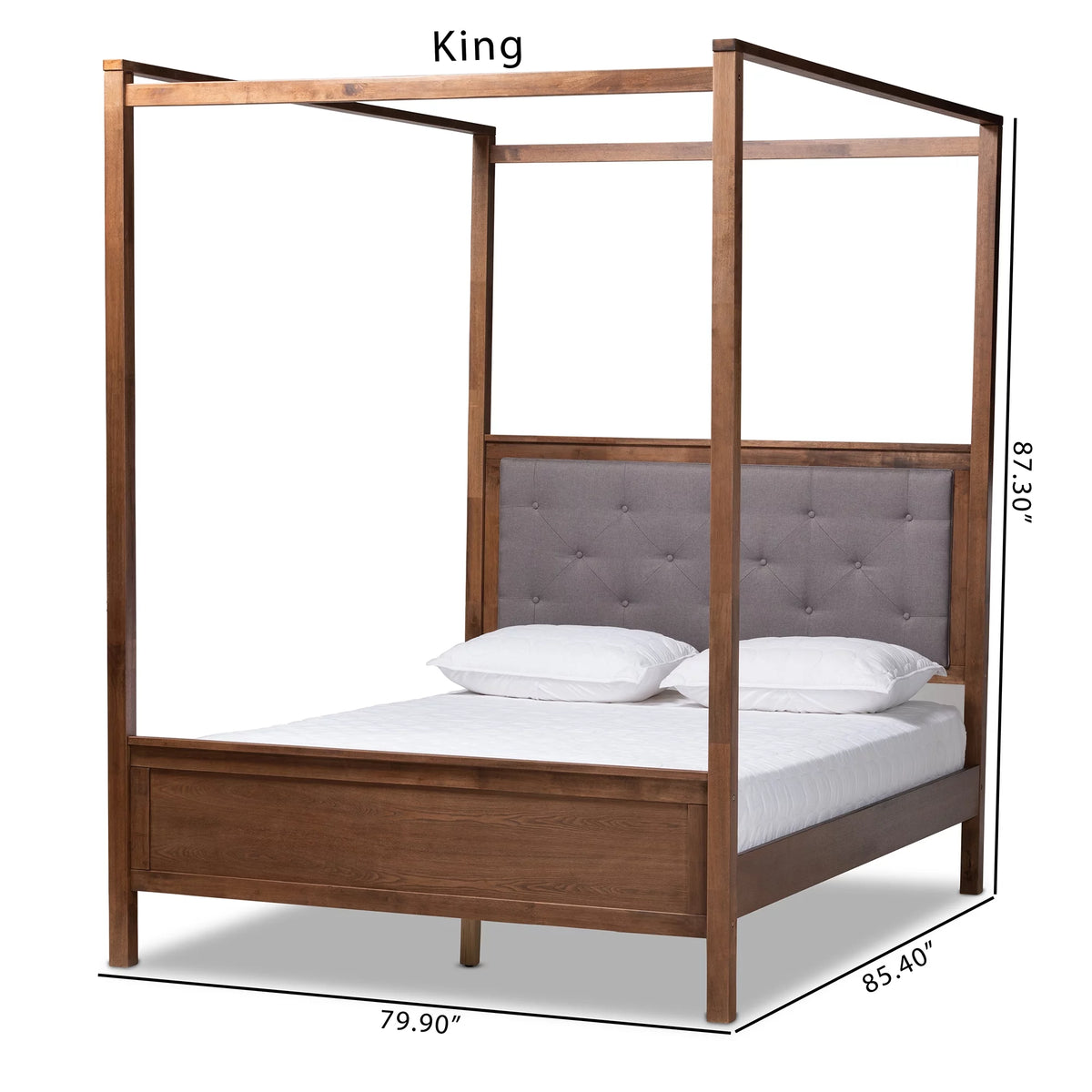 Queen Size Grey Fabric Upholstered Wood Platform Canopy Bed X454