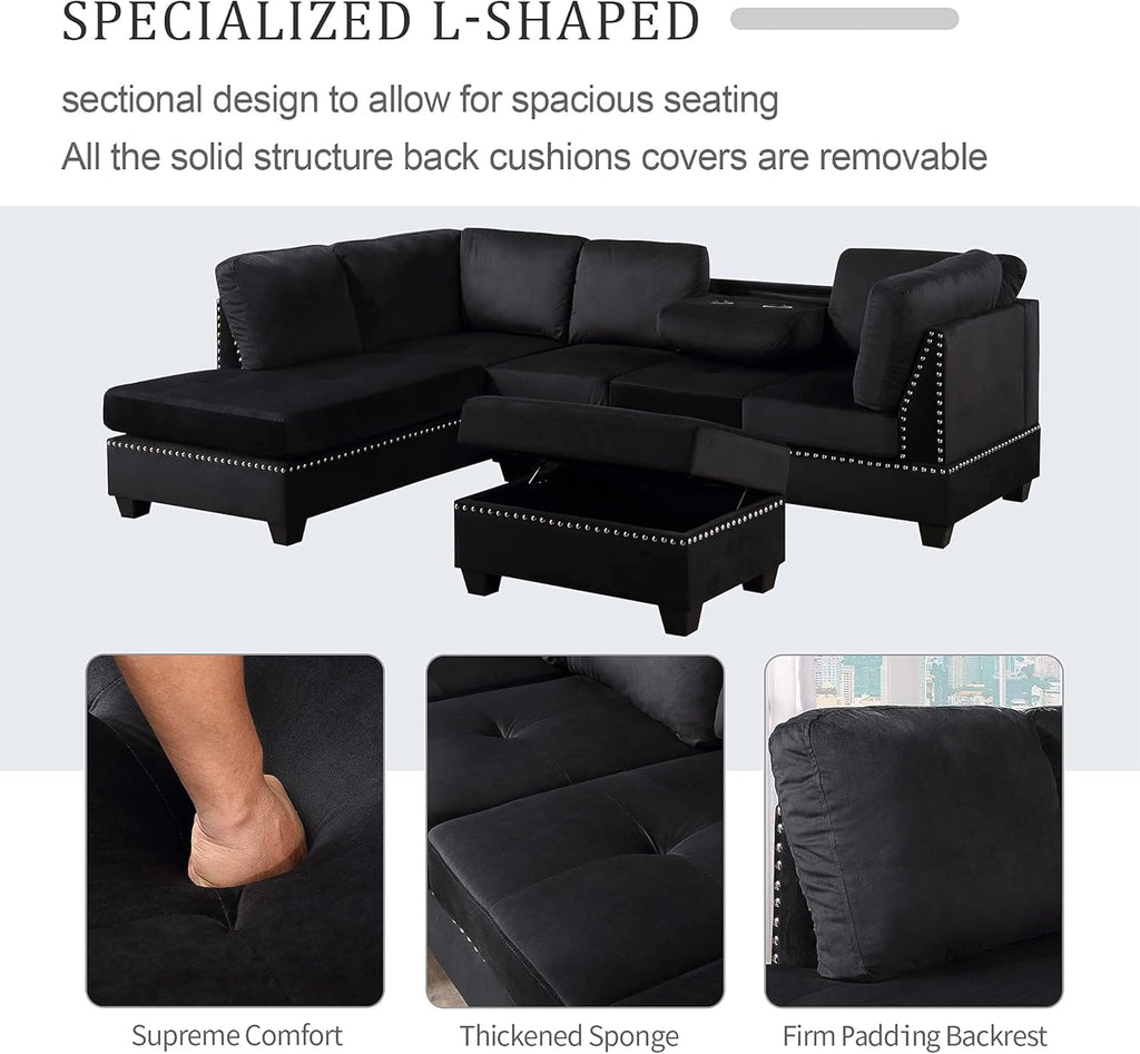 Reversible Sectional Sofa with Storage and Chaise Lounge Couch, Wooden Frame L-Shaped Corner Sofa Set with Ottoman, Black G965