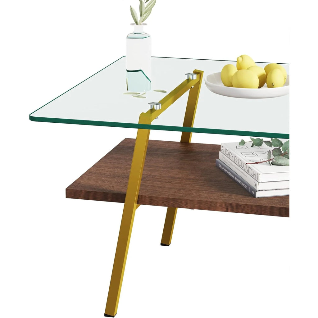 Black Frame Transparent Glass Brown Wood Coffee Table U416718