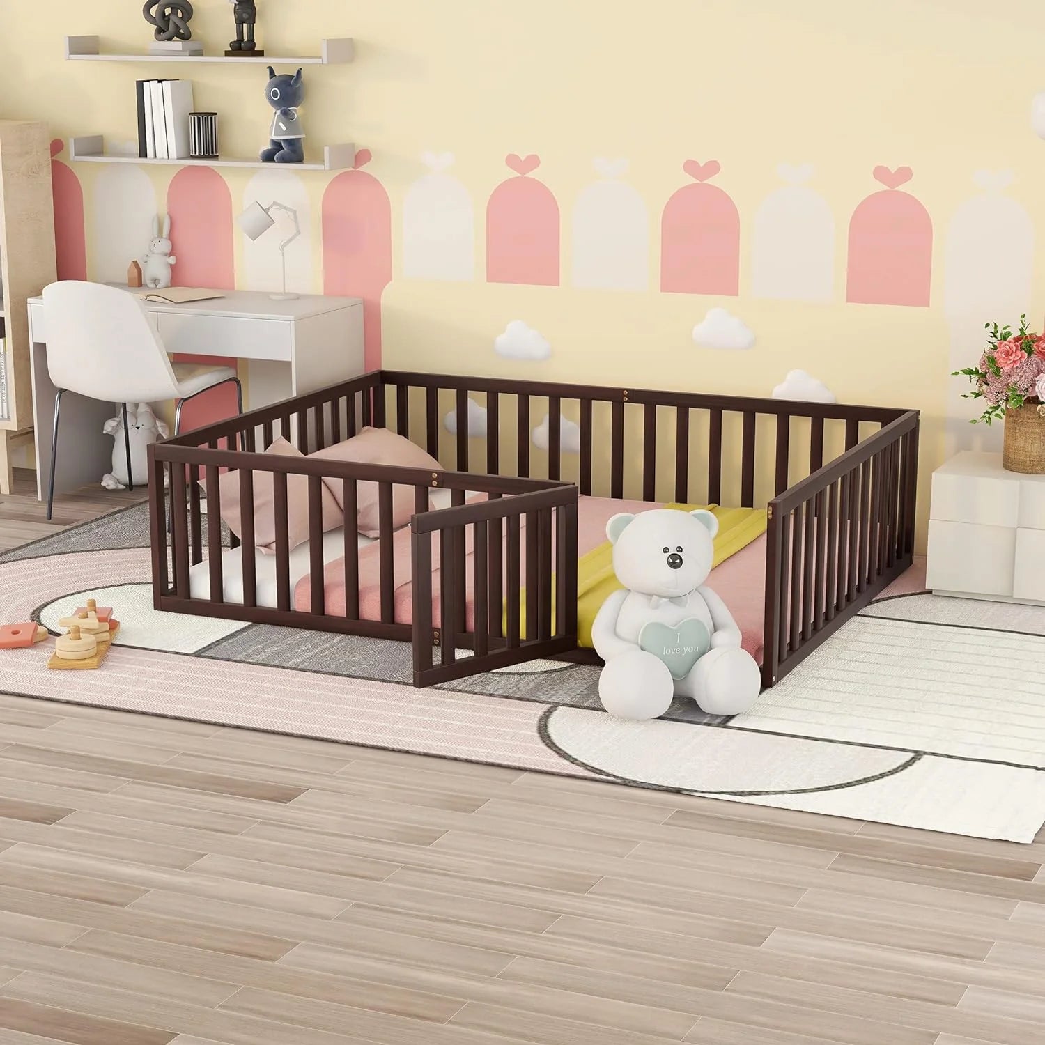 Walnut Wood Queen Floor Bed A1354