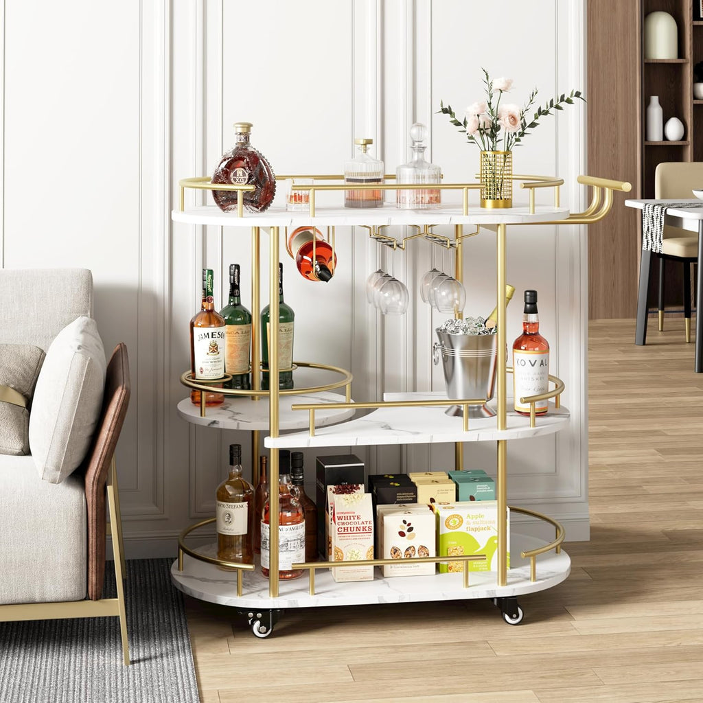 Gold 3 Tier Rotating Bar Cart with Wheels N302