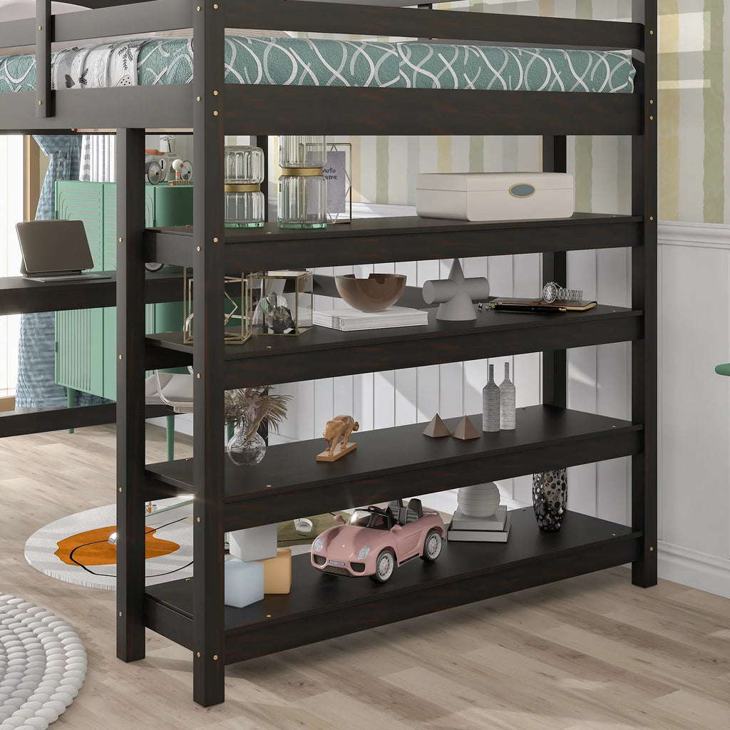 Full Size Wooden Loft Bed with Desk and Storage Shelves L42480
