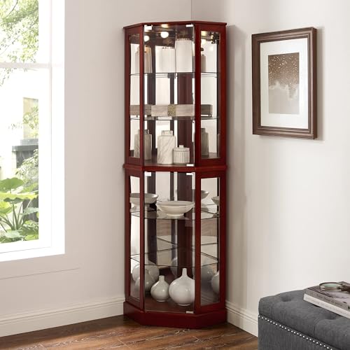 72" Tall Corner Display Cabinet Lighted Curio Cabinet, 6-Tier Wood Curio Showcase with Glass Doors and Adjustable Shelves (Cherry) E89053