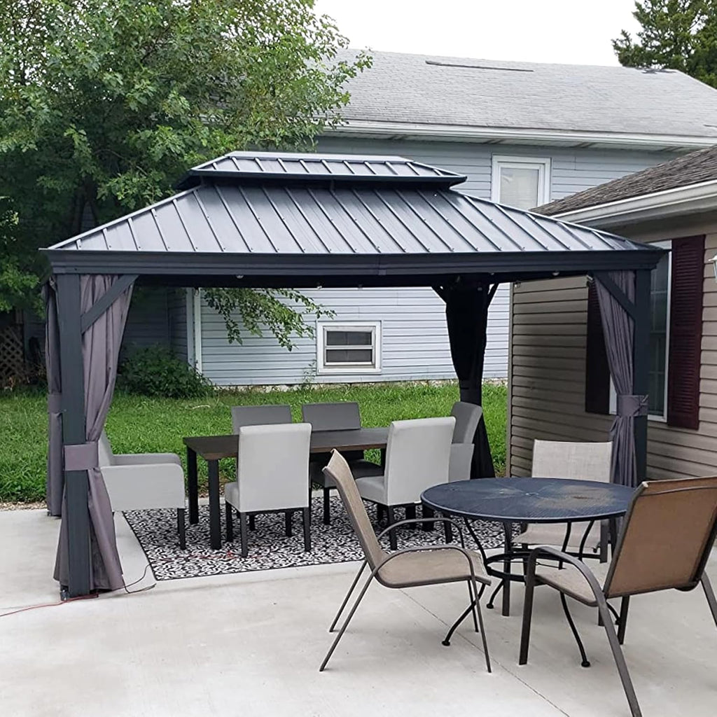 Grey 11' x 14' Hardtop Gazebo with Galvanized Steel Double Roof I53869