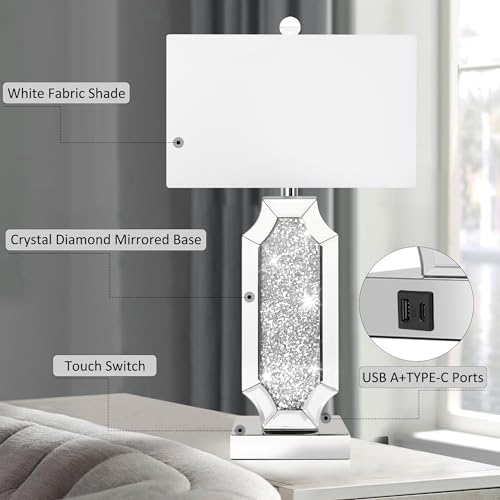 Set of 2 Dimmable Touch Silver Mirrored Bedside Table Lamps with USB Ports W8518