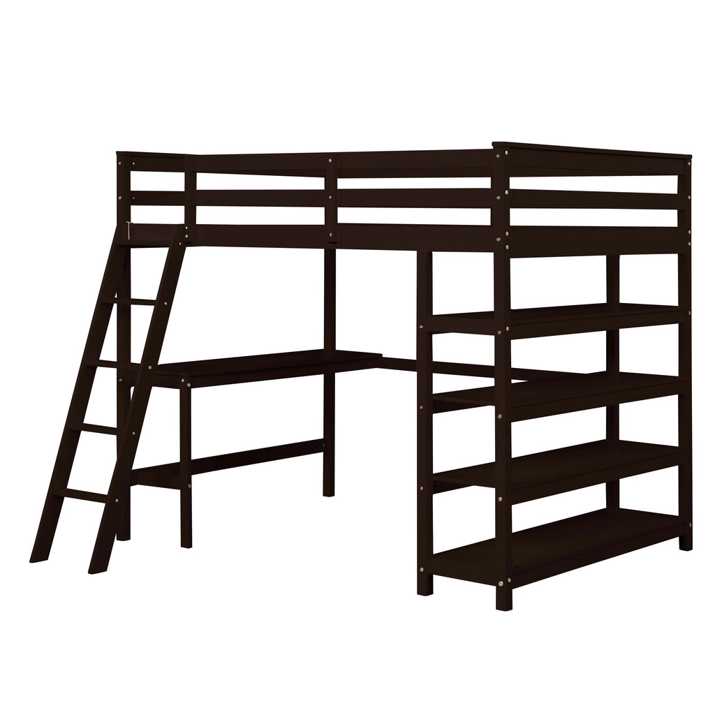 Full Size Wooden Loft Bed with Desk and Storage Shelves L42480