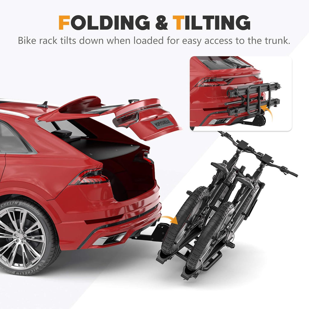 2'' Hitch Mounted Lockable Bike Rack with Ramp, 200lbs Capacity Foldable Platform R19731