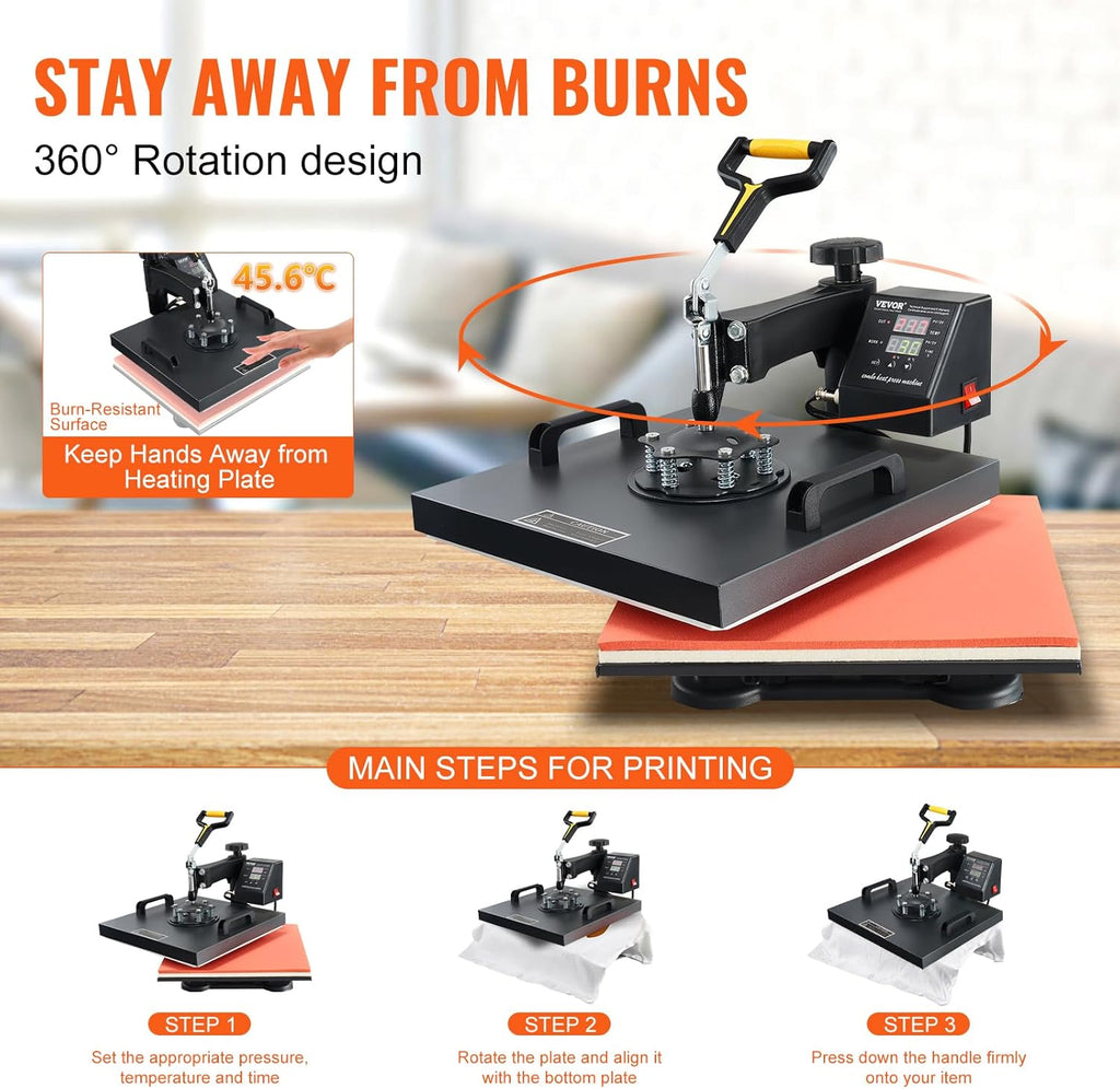 15x15 Heat Press Machine with Hat Press, 360° Swing Away Digital Tshirt Press Machine N393569