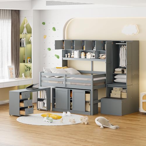 White Twin Size Solid Wood Loft Bed with Storage K825354