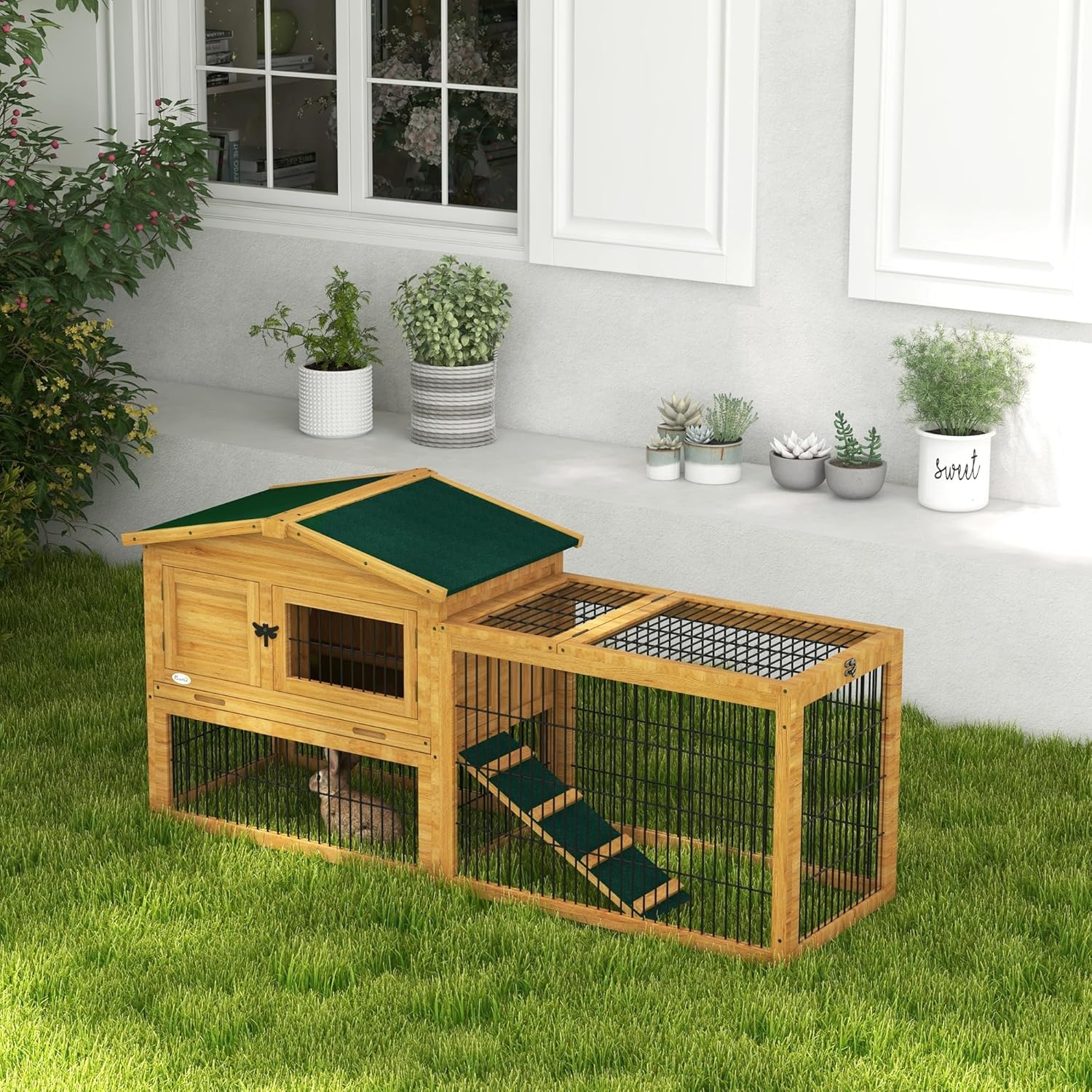 Yellow Wooden Rabbit Hutch with Removable Tray N236