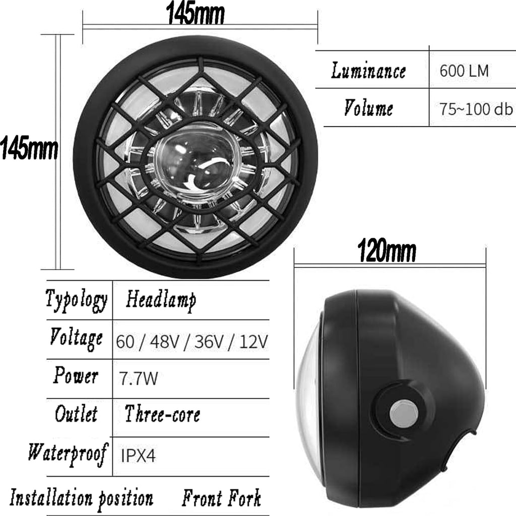 Retro 3 Pins Connector LED 24V 36V 48V 52V Waterproof Front Bike Head Light T6382