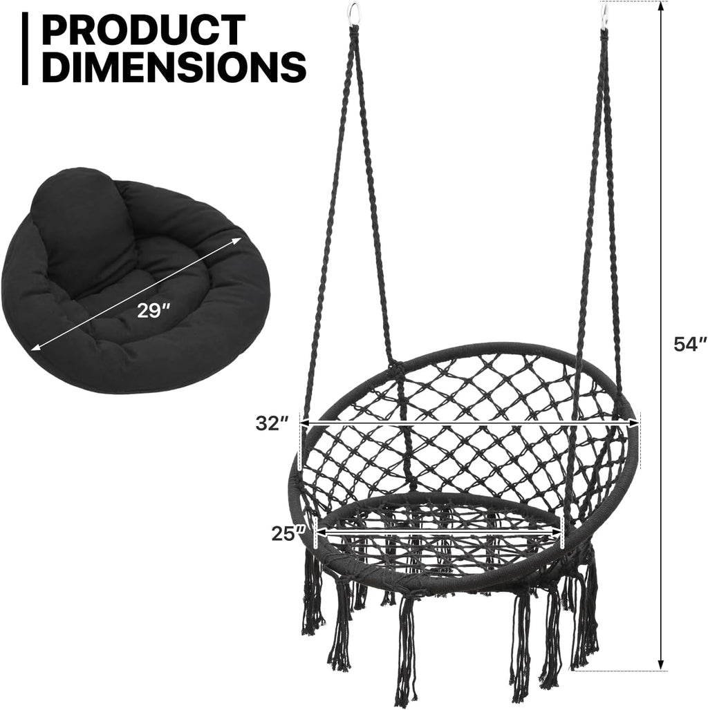 Black Hanging Hammock Chair with Large Padded Cushion, 350 Lbs Capacity X252