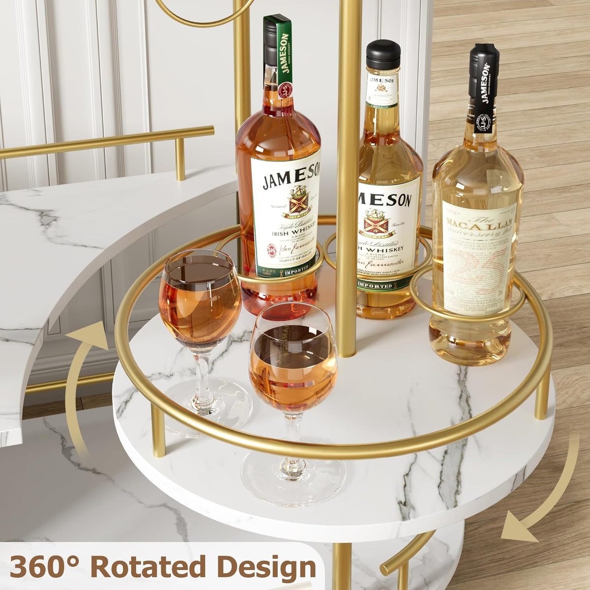 Gold 3 Tier Rotating Bar Cart with Wheels N302