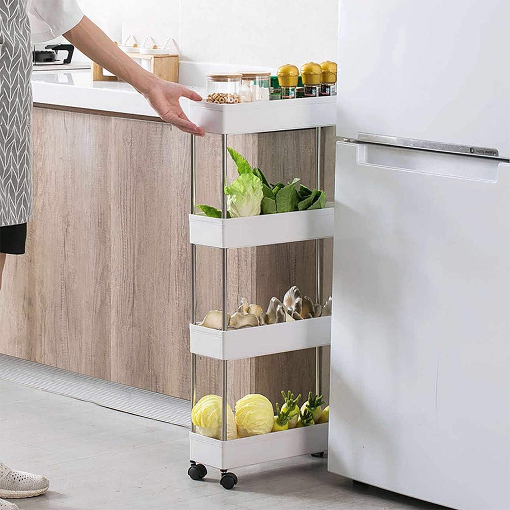 4 Tier Narrow Sliding Storage Organizer Rack Rolling Cart (White) S571699