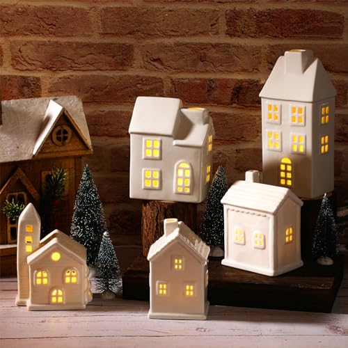22 Pcs Ceramic Christmas Village Set with Light Include 9 Lighted Village Houses 13 Christmas Trees White Roof S85314