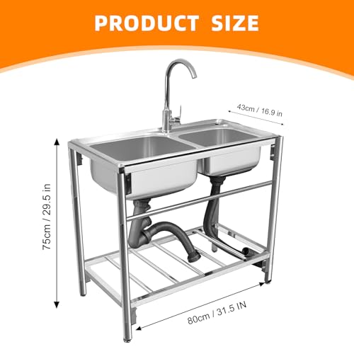 Stainless Steel Double Bowl Free Standing Utility Sink 31.5" x 16.9" x 29.5" H90143