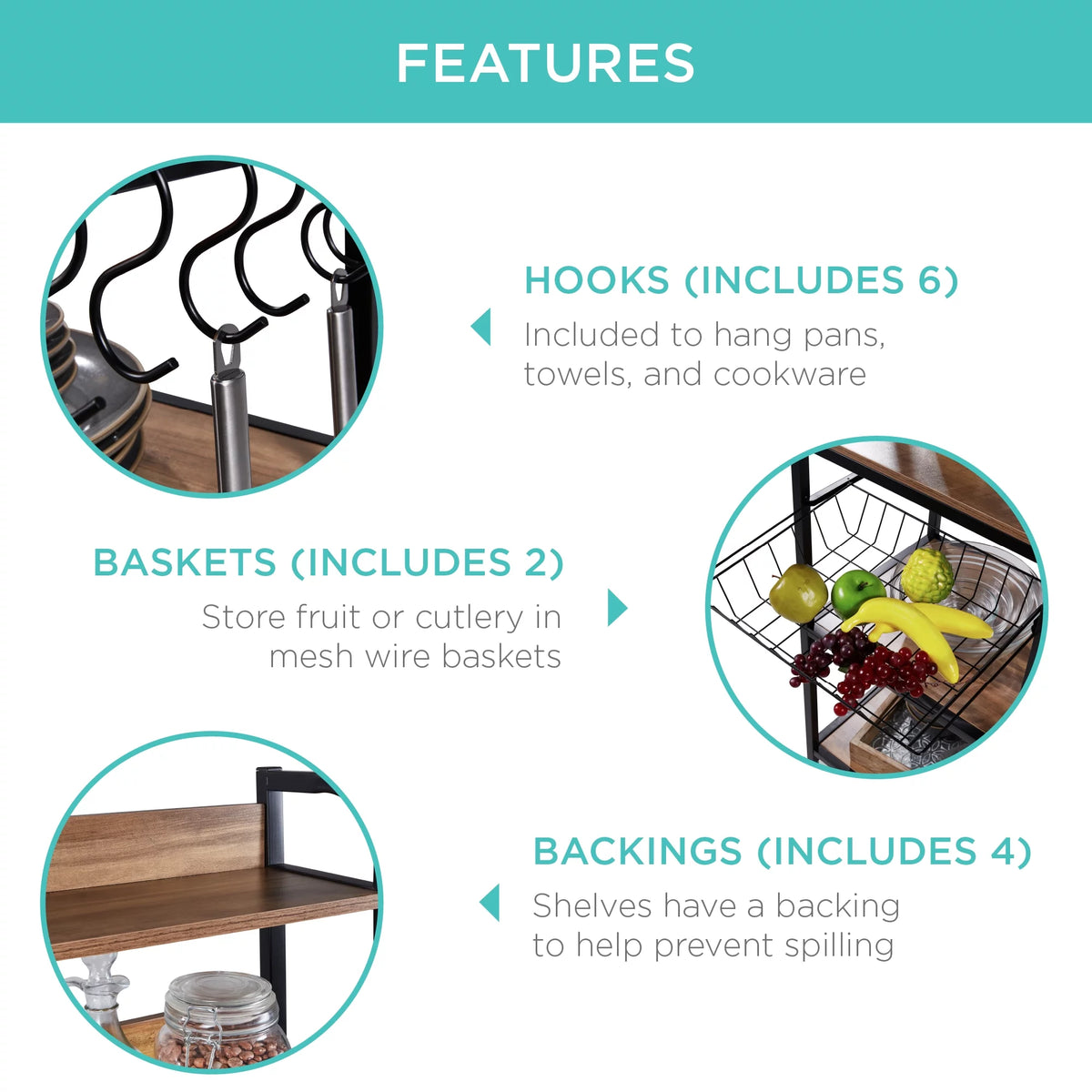 Brown Black Counter-Height Baker's Rack with Locking Wheels I453258