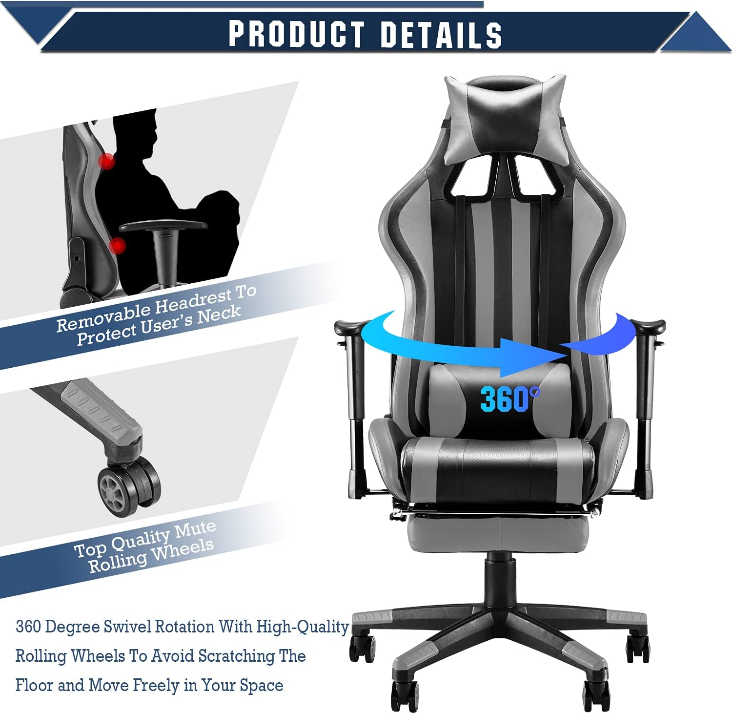 Black/Gray Swivel Desk Gaming Chair with Footrest Y20366
