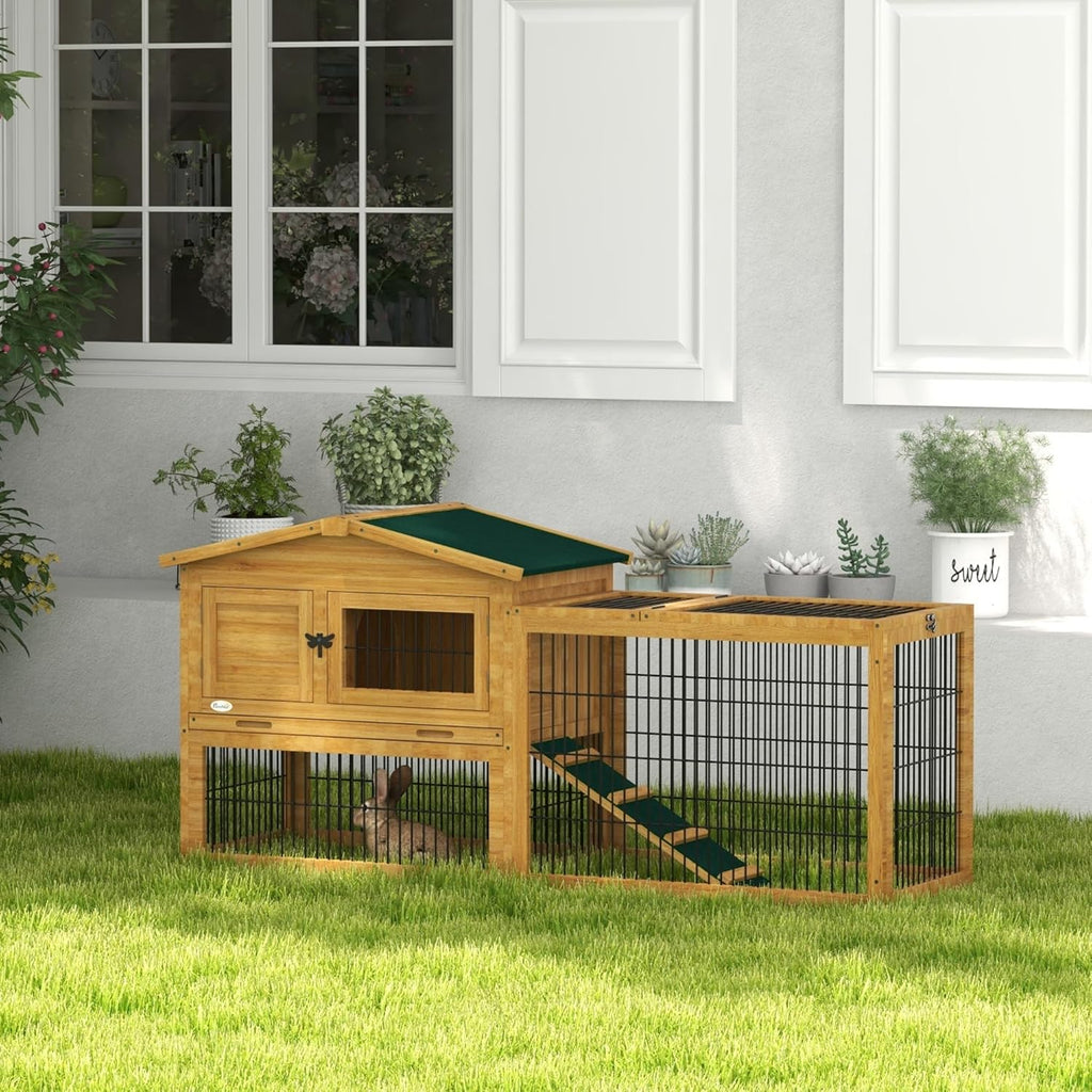 Yellow Wooden Rabbit Hutch with Removable Tray N236