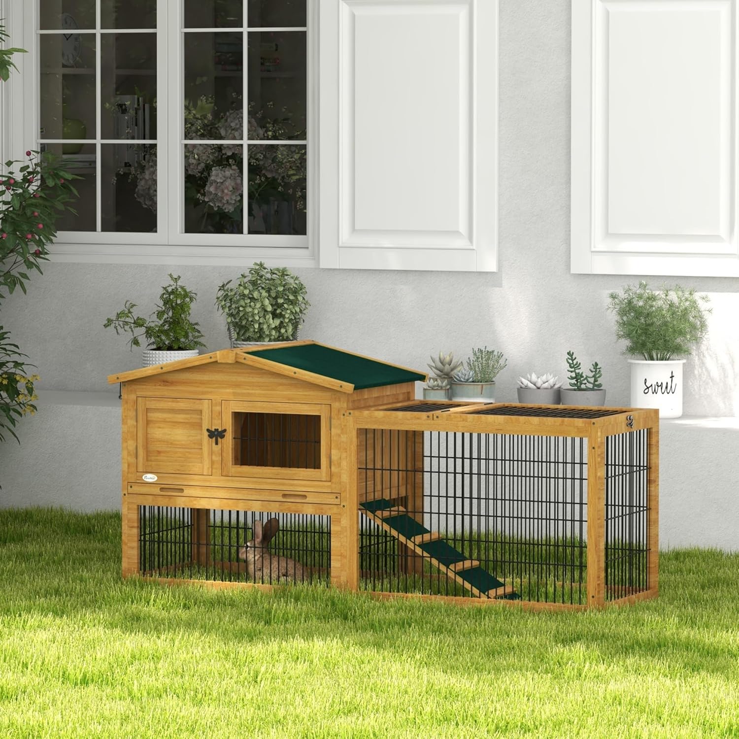 Yellow Wooden Rabbit Hutch with Removable Tray N236