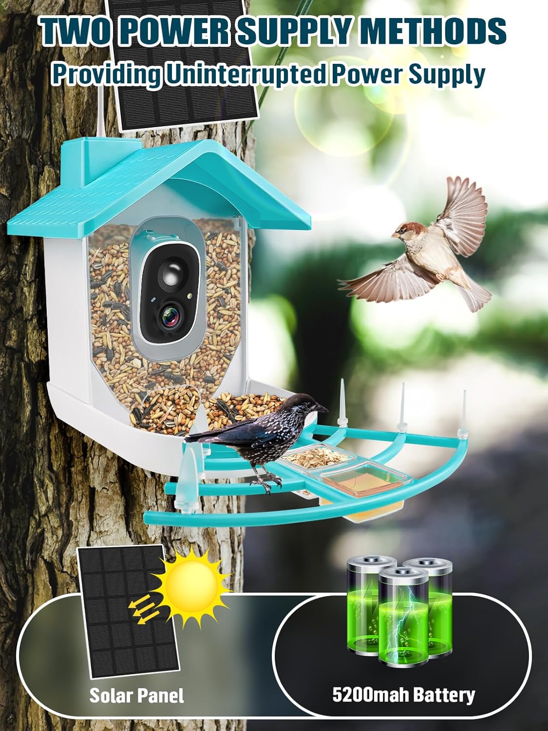 Smart Bird Feeder with Camera, Solar Powered Dual Charge 1080P HD Video AI Identify Bird Feeders I468