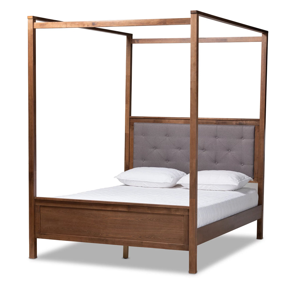 Queen Size Grey Fabric Upholstered Wood Platform Canopy Bed X454