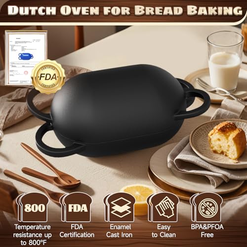 Enameled Cast Iron Oval Bread Oven with Non-Stick Silicone Liner, 2QT, Black Z34071