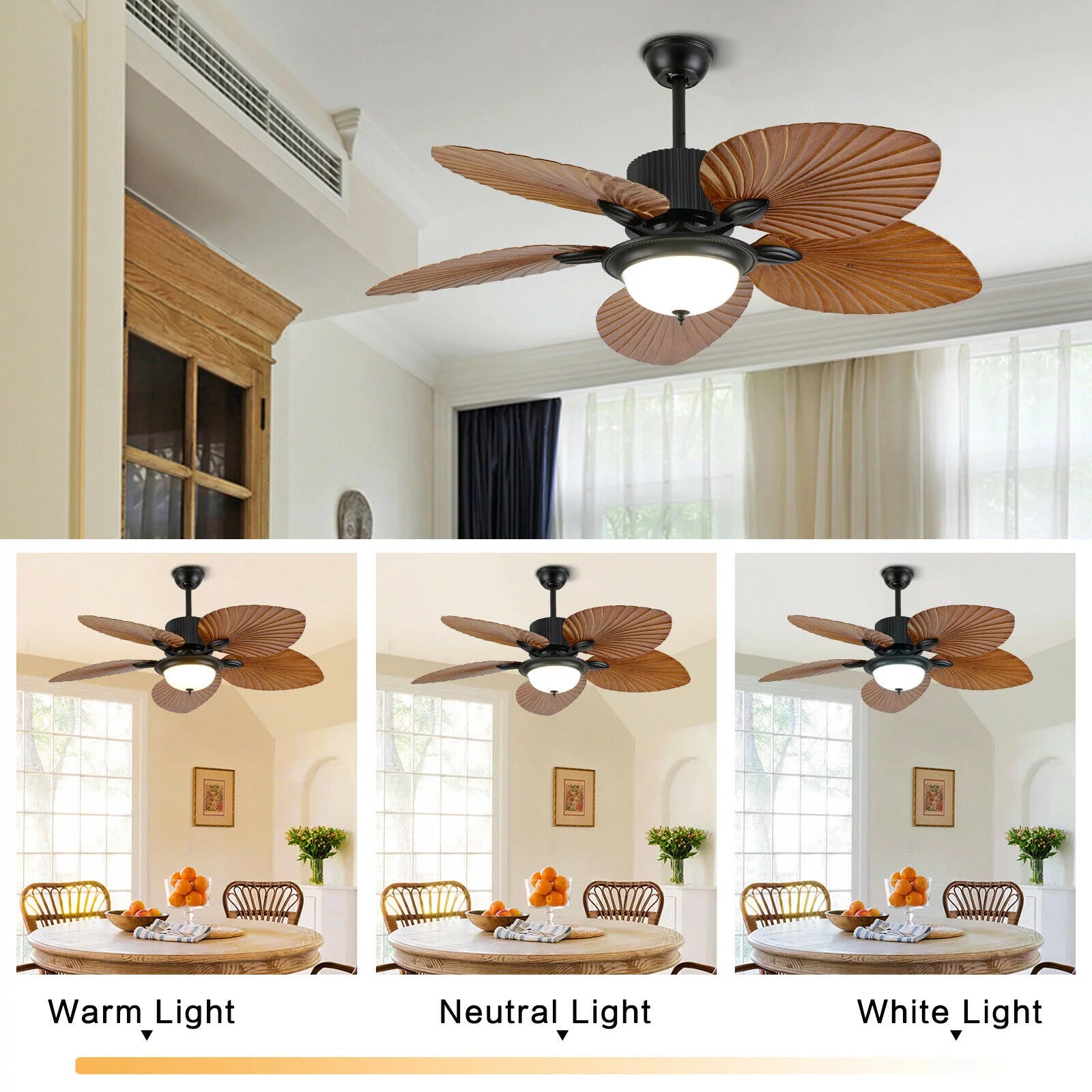 52inch Tropical Palm Ceiling Fan with Light and Remote 5 Acrylic Palm Leaf Blades A684675