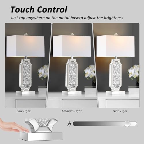 Set of 2 Dimmable Touch Silver Mirrored Bedside Table Lamps with USB Ports W8518
