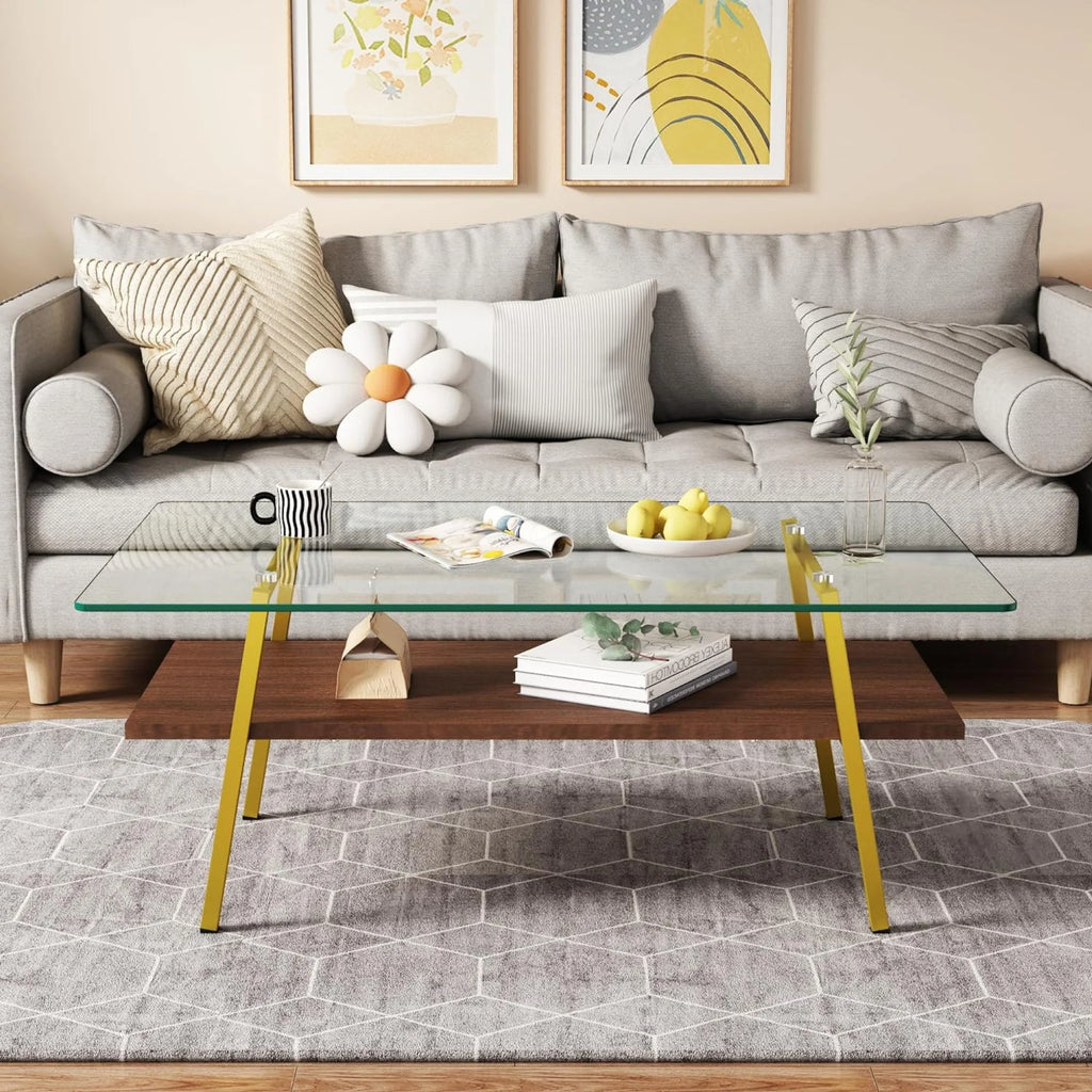 Black Frame Transparent Glass Brown Wood Coffee Table U416718