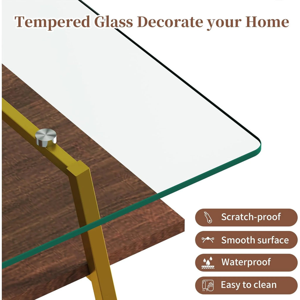 Black Frame Transparent Glass Brown Wood Coffee Table U416718