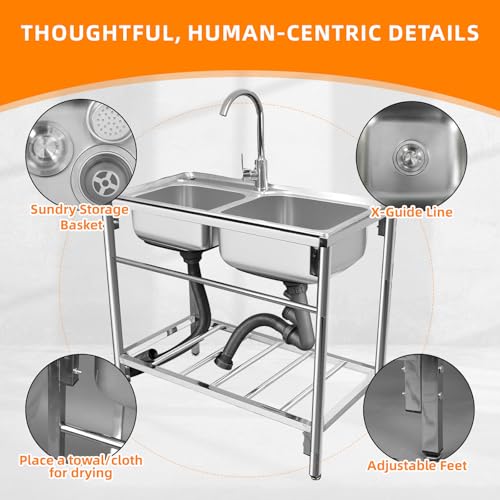 Stainless Steel Double Bowl Free Standing Utility Sink 31.5" x 16.9" x 29.5" H90143