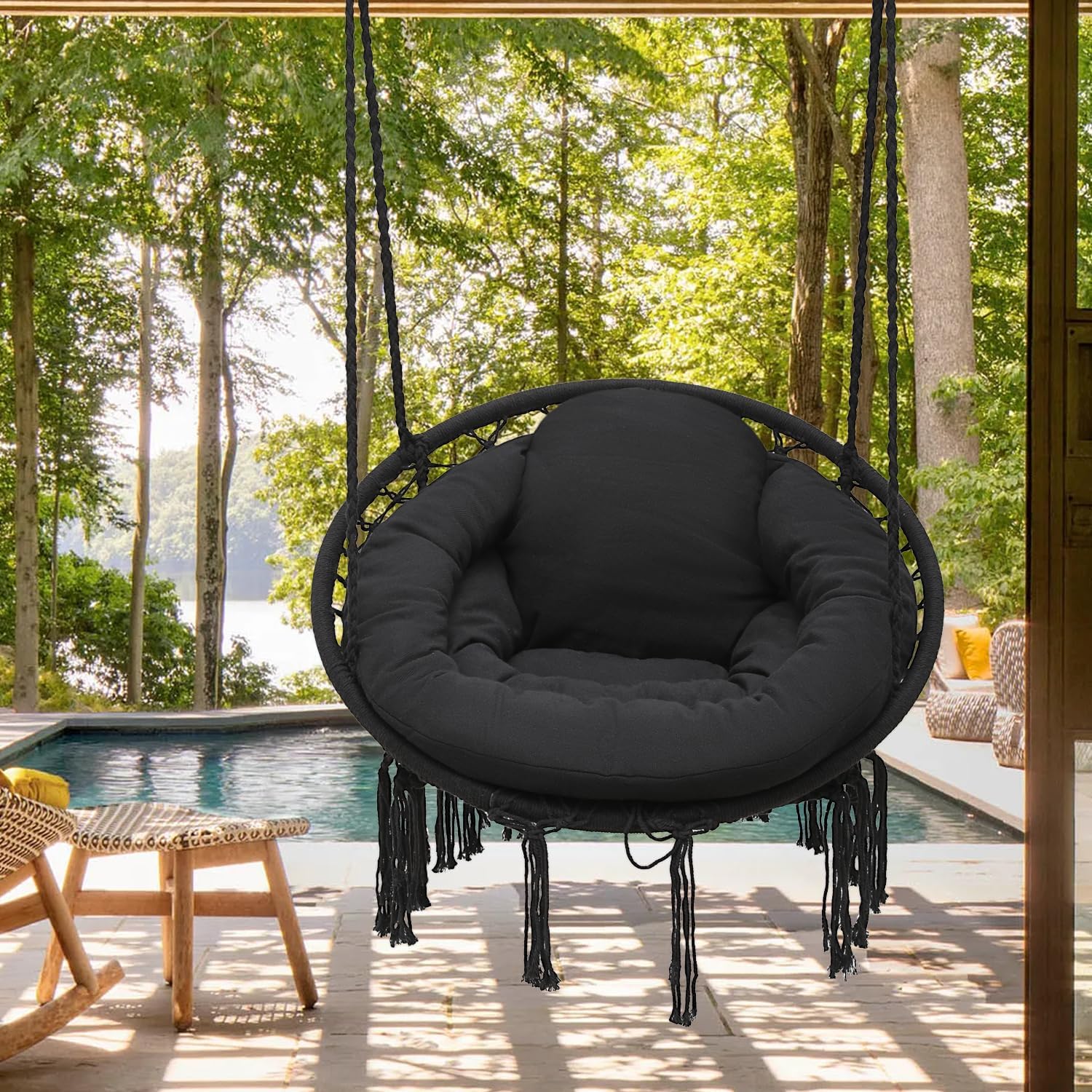 Black Hanging Hammock Chair with Large Padded Cushion, 350 Lbs Capacity X252