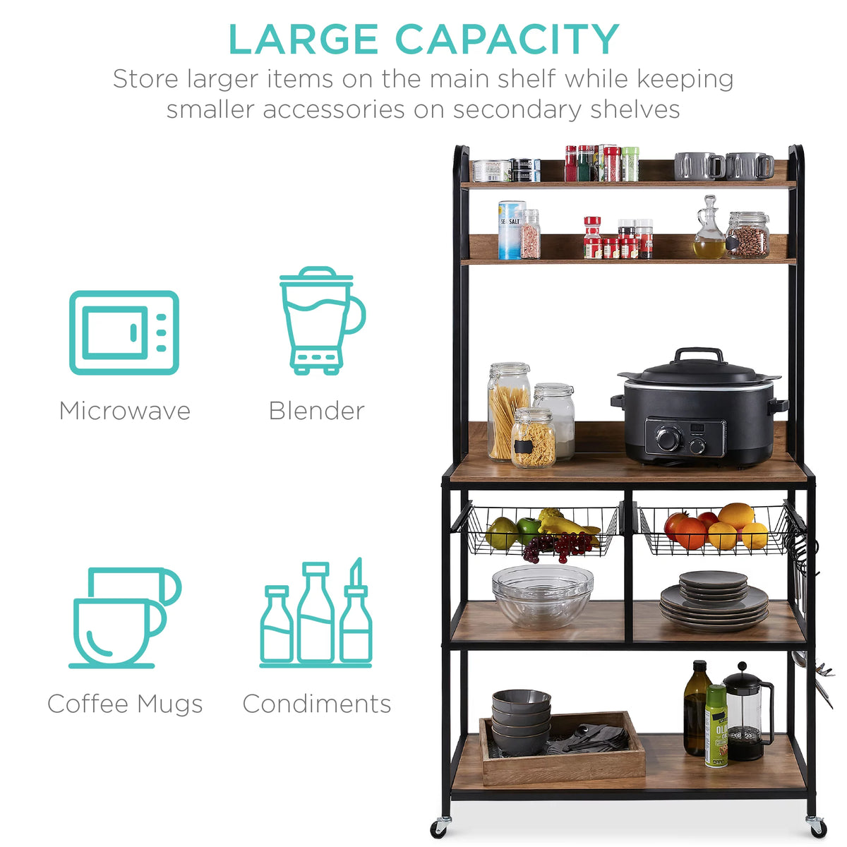 Brown Black Counter-Height Baker's Rack with Locking Wheels I453258