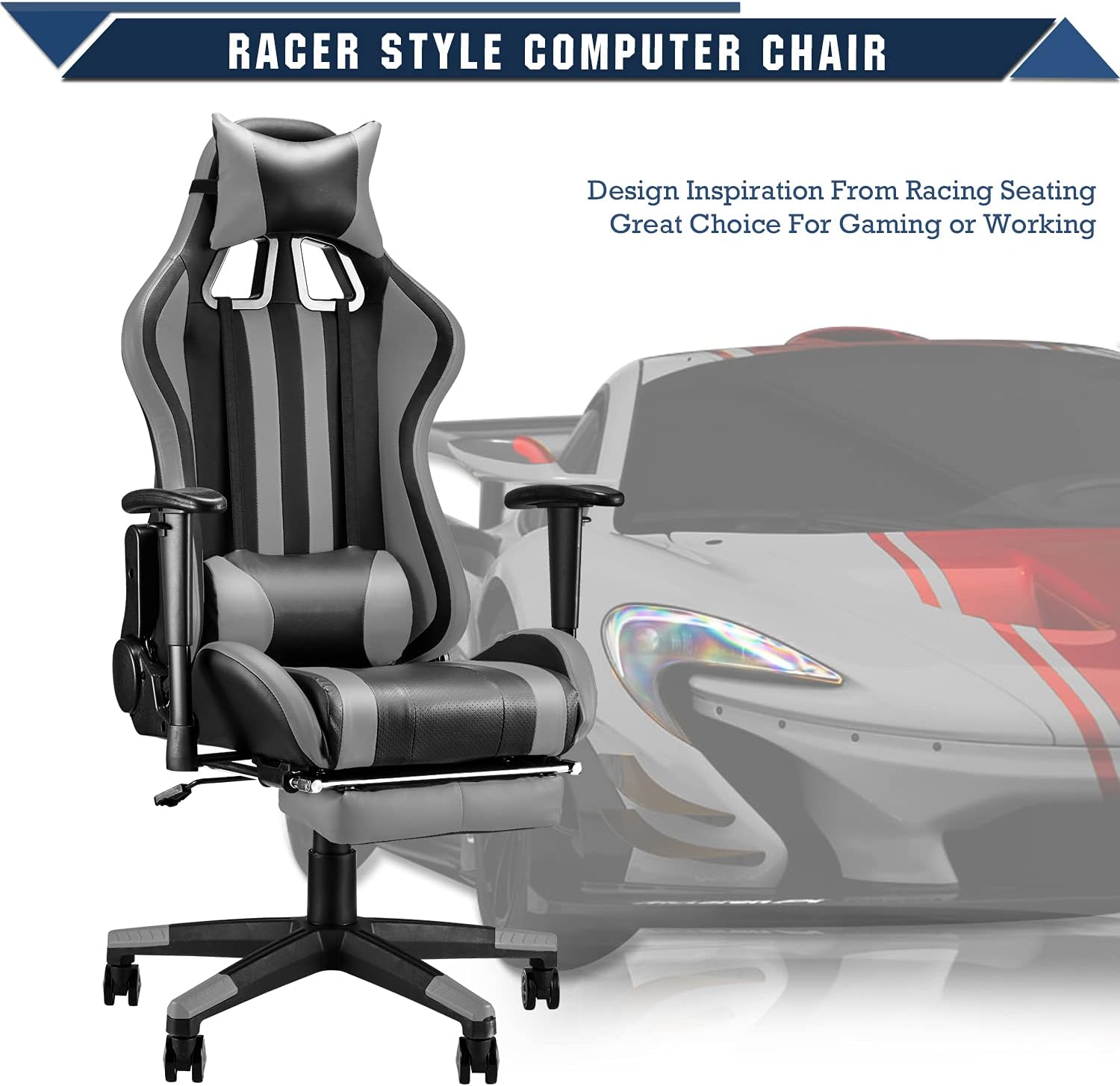 Black/Gray Swivel Desk Gaming Chair with Footrest Y20366