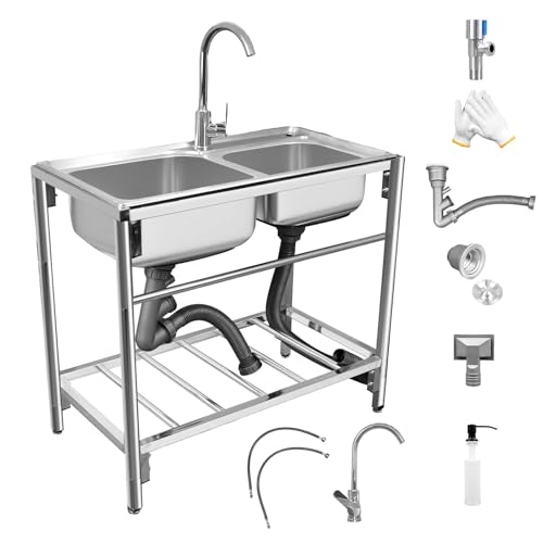 Stainless Steel Double Bowl Free Standing Utility Sink 31.5" x 16.9" x 29.5" H90143