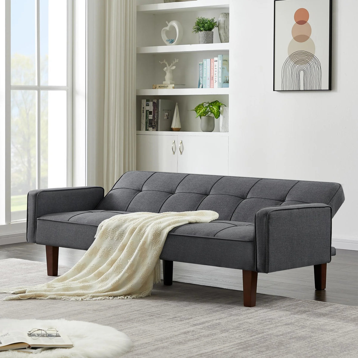 Grey Linen Convertible Sleeper Sofa with Removable Armrests G92465