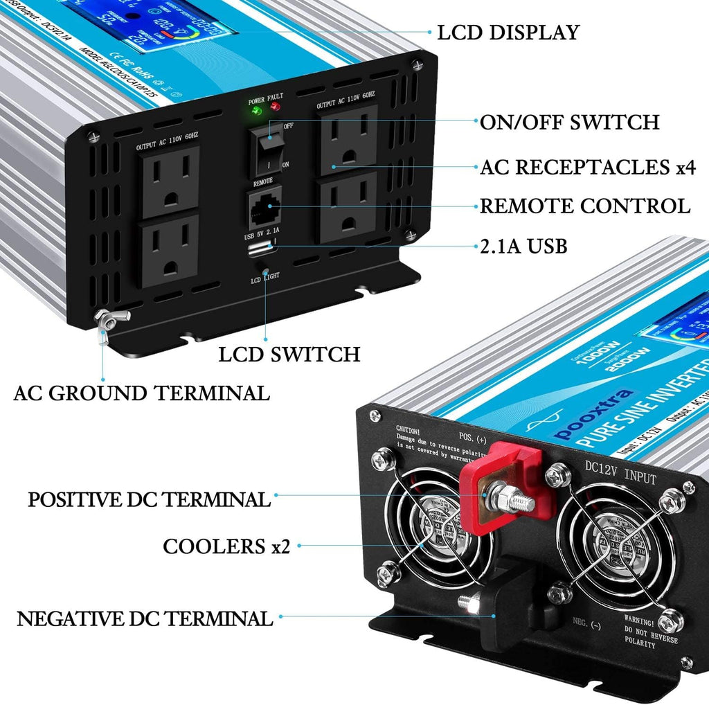 2000 Watt Pure Sine Wave Power Inverter 12V DC to 110V AC with LCD Display USB Port 4 AC Outlets U931