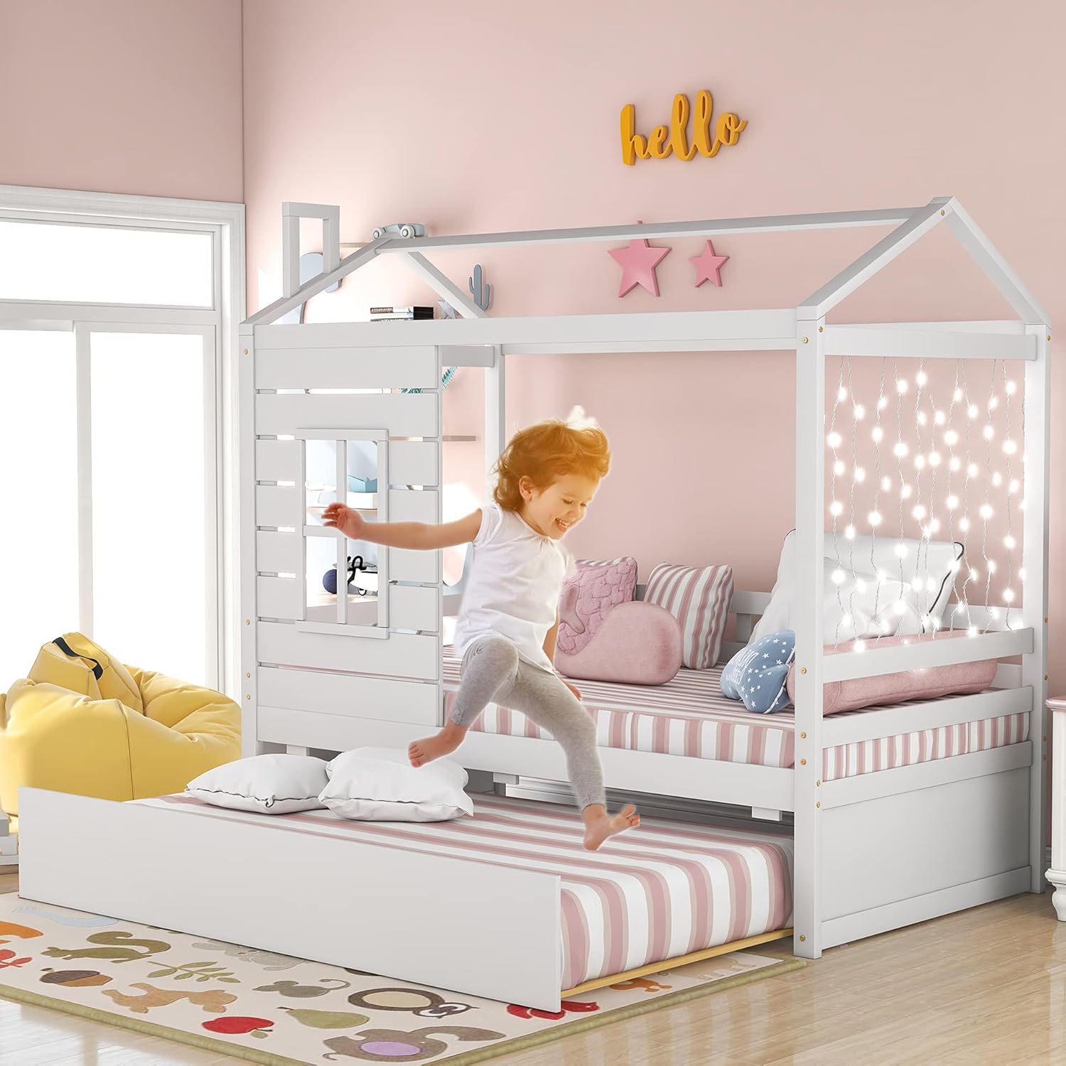 White Twin House Bed with Trundle X3675