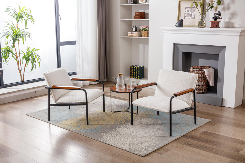 White Sherpa Armchair with Wooden Armrests and Metal Legs Z623