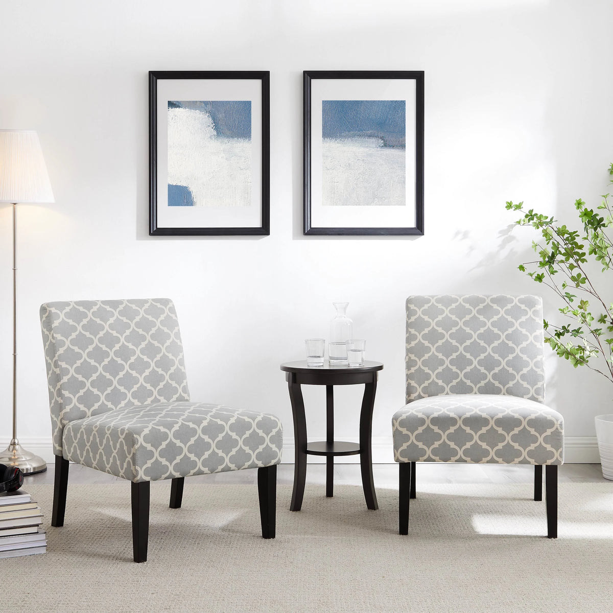 3Pc Set Gray Fabric Upholstery Side Table and 2 Chairs X745