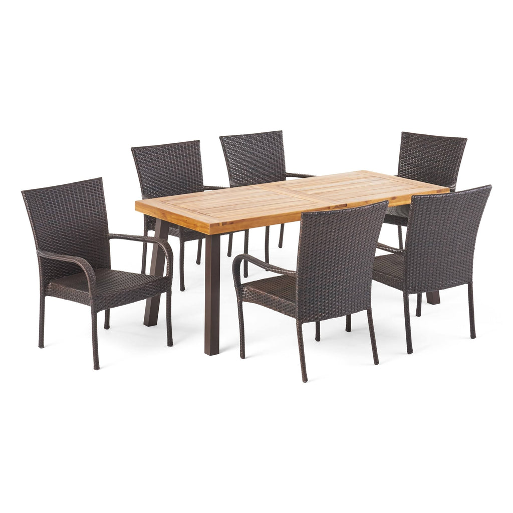 7 Piece Acacia Wood Wicker Dining Set I2948