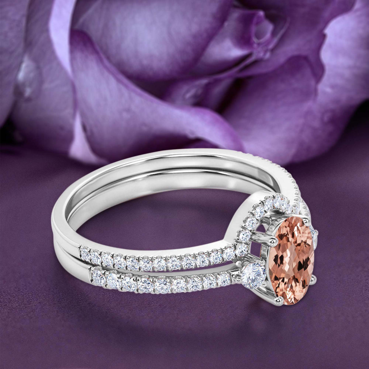 10k Solid White Gold Morganite And Diamond Engagement Ring N219