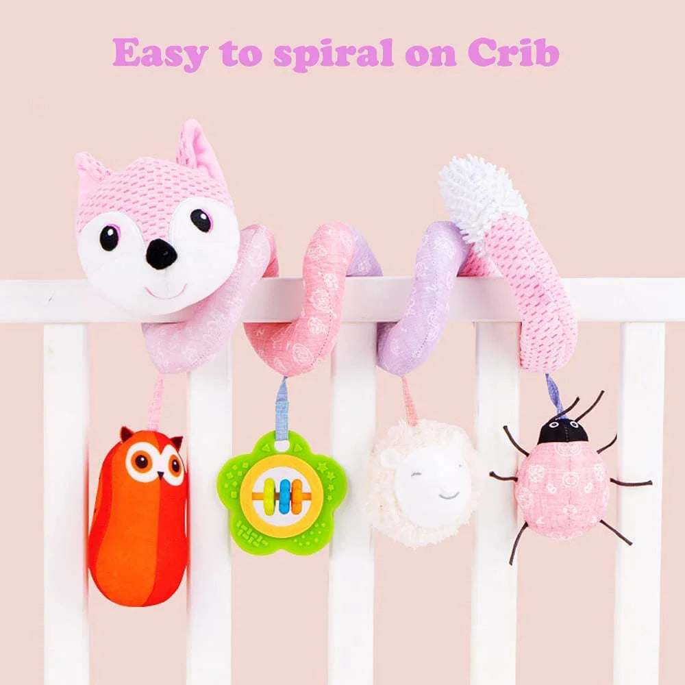 Pink Fox Plush Baby Car Seat Toys with Musical Sheep Rattles Owl Ladybird Distorting Mirror F43770