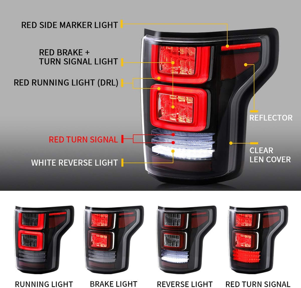 LED Projector Headlights and Clear Tail Lights with Red Turn Signal Lights for Ford F150 2018 2019 2020 L5465