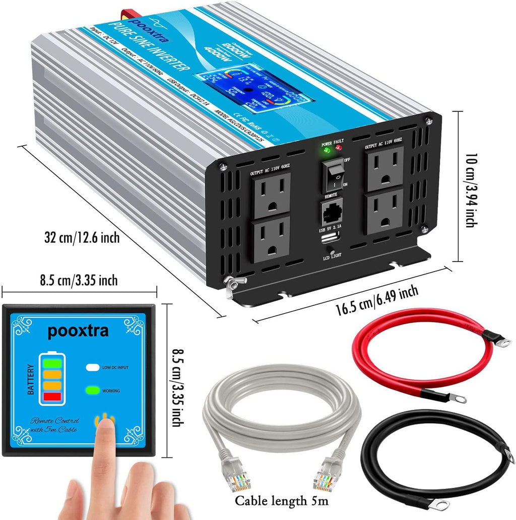 2000 Watt Pure Sine Wave Power Inverter 12V DC to 110V AC with LCD Display USB Port 4 AC Outlets U931