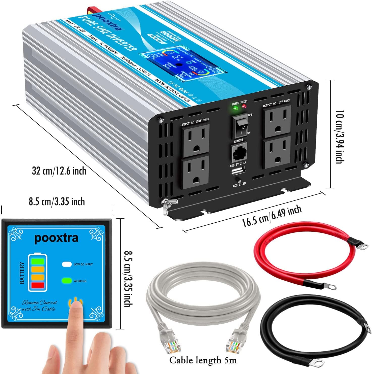 2000 Watt Pure Sine Wave Power Inverter 12V DC to 110V AC with LCD Display USB Port 4 AC Outlets U931