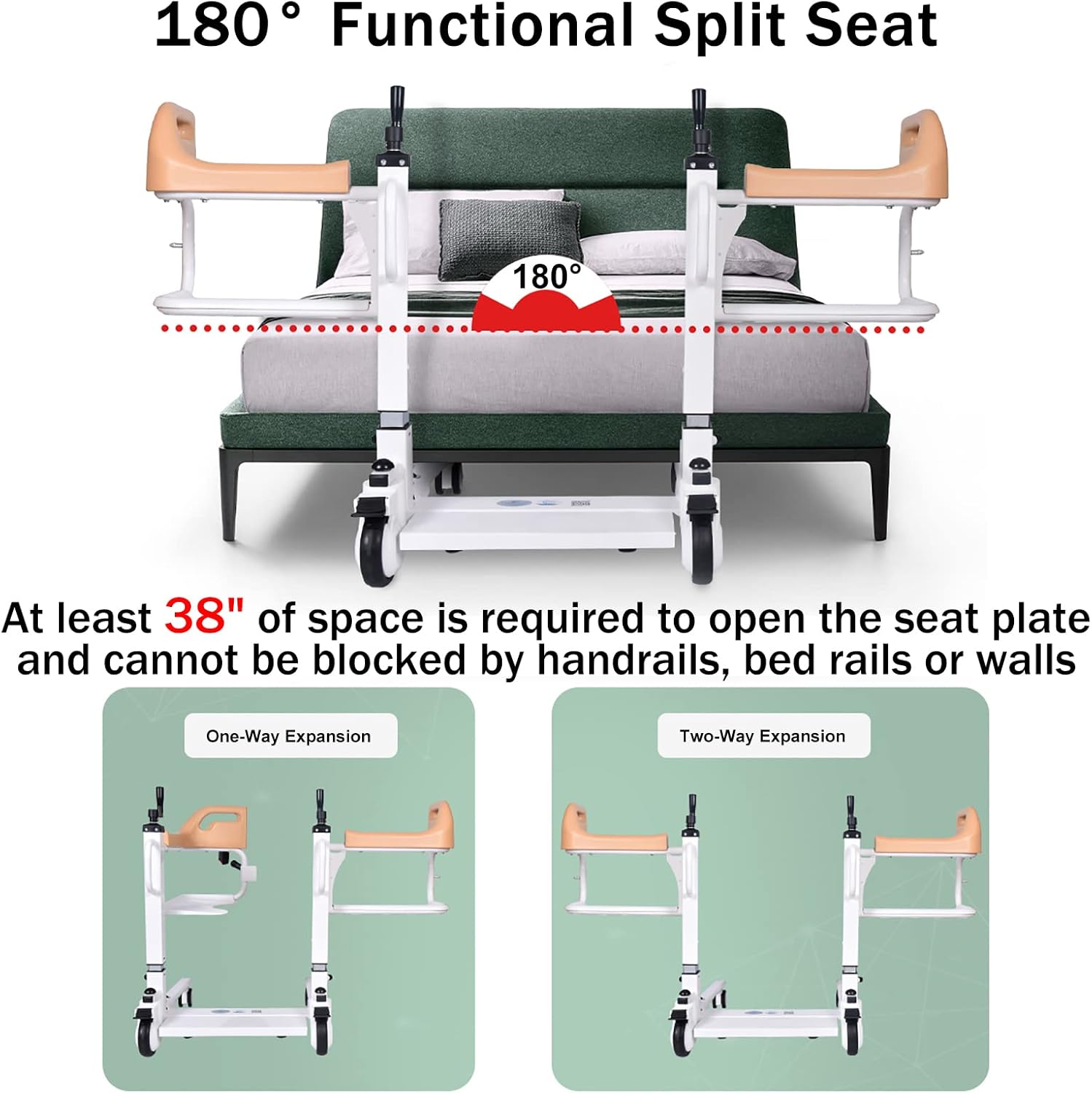Patient Lift Wheelchair with 180 Split Seat, Bedside Commode D929637