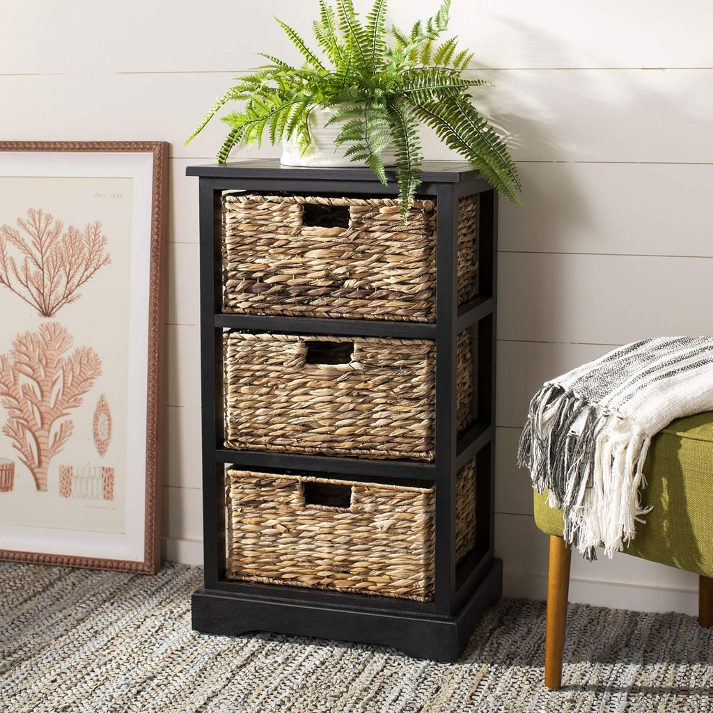 Distressed Black 3 Wicker Basket Storage Side Table Z78115
